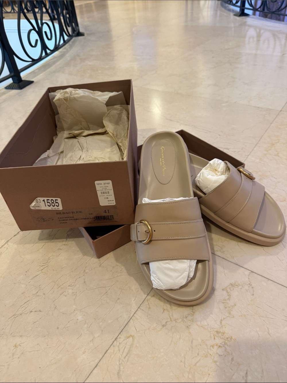 Gianvito Rossi Beige Leather Double-Strap Slide Sandals with Gold Buckle